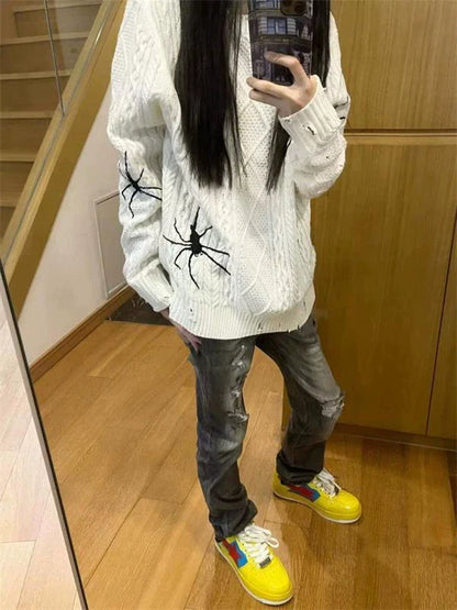 Y2K Punk Spider Embroidered Distressed Sweater