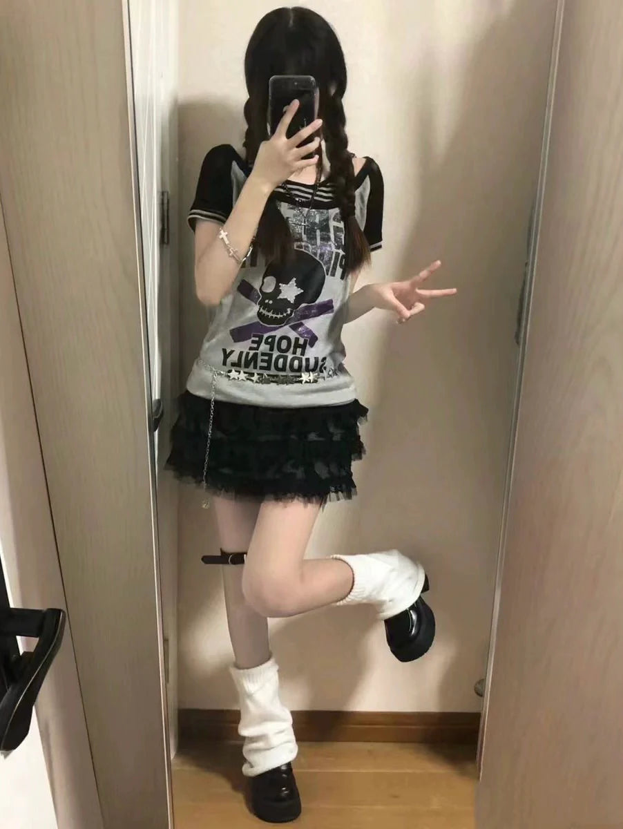 Gray Subculture Punk Y2K E-girl Shibuya Girl Fake Two-Piece Skull Hooded Short Sleeve Top