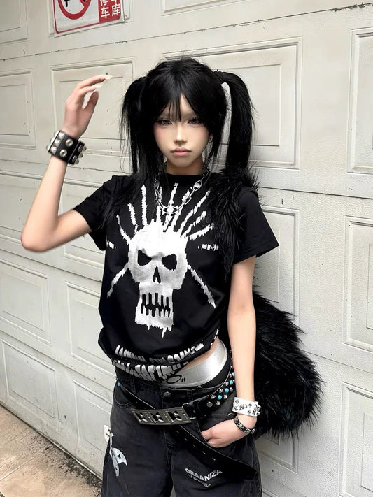 Black Rock Punk Skull & Letter Print Y2K T-Shirt