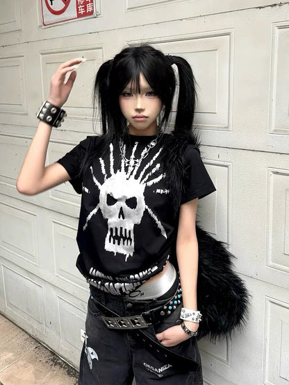 Black Rock Punk Skull & Letter Print Y2K T-Shirt