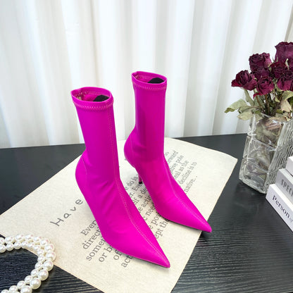 European Sexy High Heel Slim Boots Spring Autumn Colorful Mid Calf Sock Boots Pointed Toe Thin Heel Stretchy Boots Women