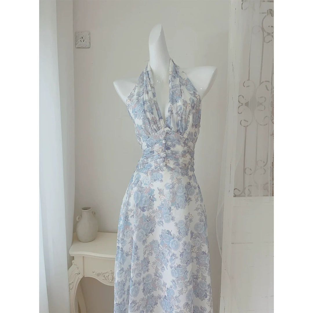 Halter Floral Print Ruffle Waist Gown Dress