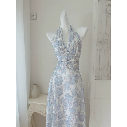Halter Floral Print Ruffle Waist Gown Dress