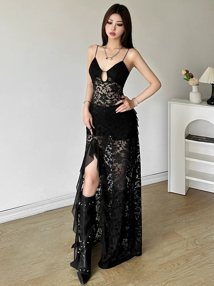Mature Elegant Black Cutout Lace Halter Designed Slit Slimming Maxi Dress