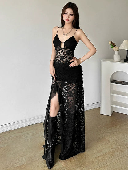 Mature Elegant Black Cutout Lace Halter Designed Slit Slimming Maxi Dress