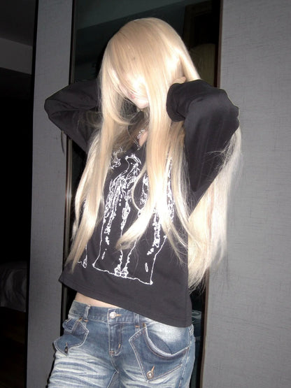 Y2K Visual Kei Black Henley Long Sleeve Tee Autumn Half-Zip Shoulder Top