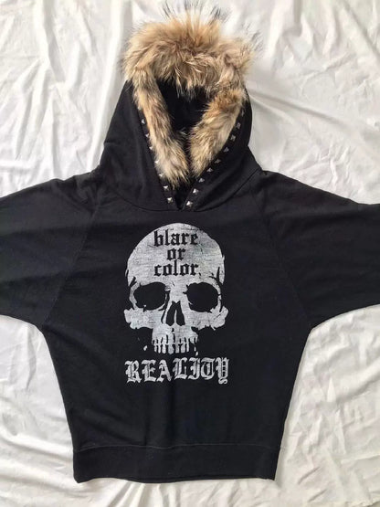Y2K Gothic Rock Punk Skull Fleece-Lined Hoodie