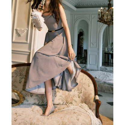 French Light Luxury Shimmer Knit Spaghetti Gown Dress