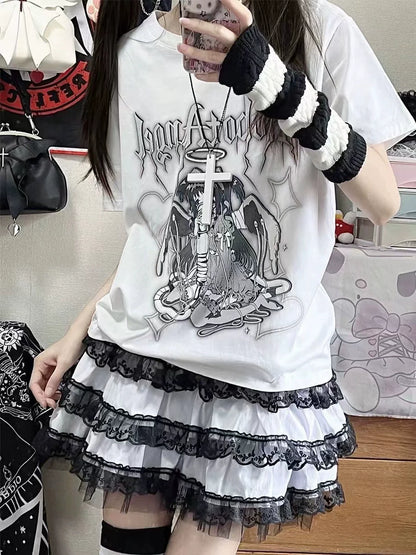 White Harajuku Cartoon Print Niche Design Oversized Y2K T-Shirt