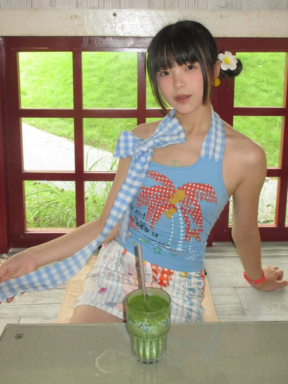 Blue Tropical Print Halter Neck Y2K Crop Top