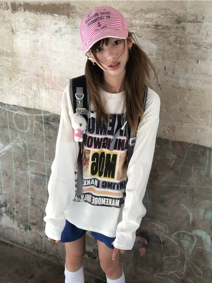 Retro Letter Print Long Sleeve T Shirt Loose Fit Couple Top