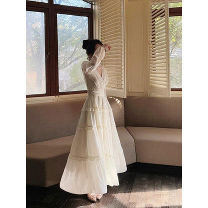 French Chiffon V Neck Ruffle Bubble Sleeve Gown Dress