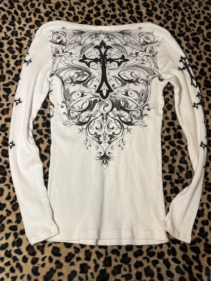 White V-Neck Cross Print Long Sleeve Tee Y2K Top