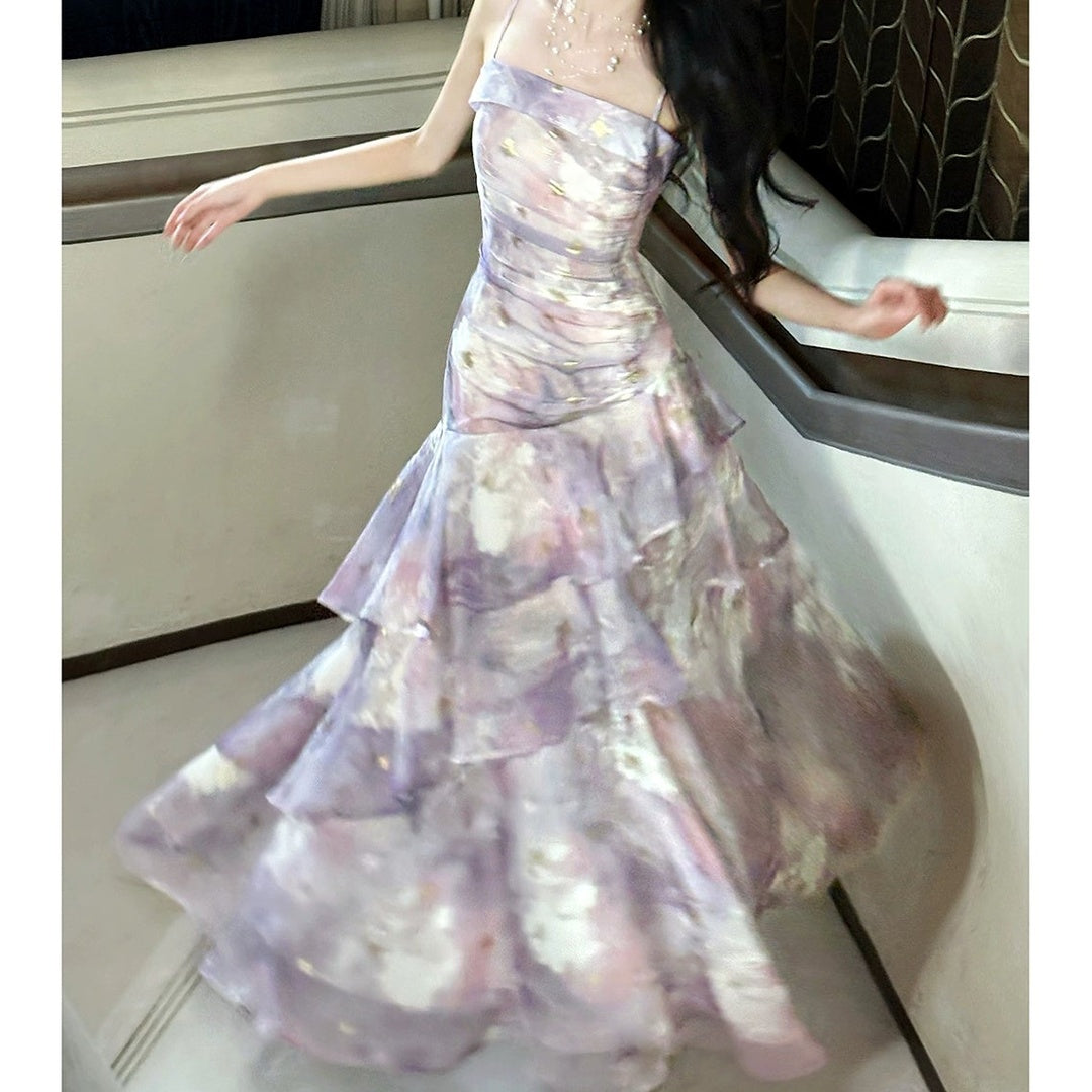 Purple Floral Ruffle Halter Gown Dress