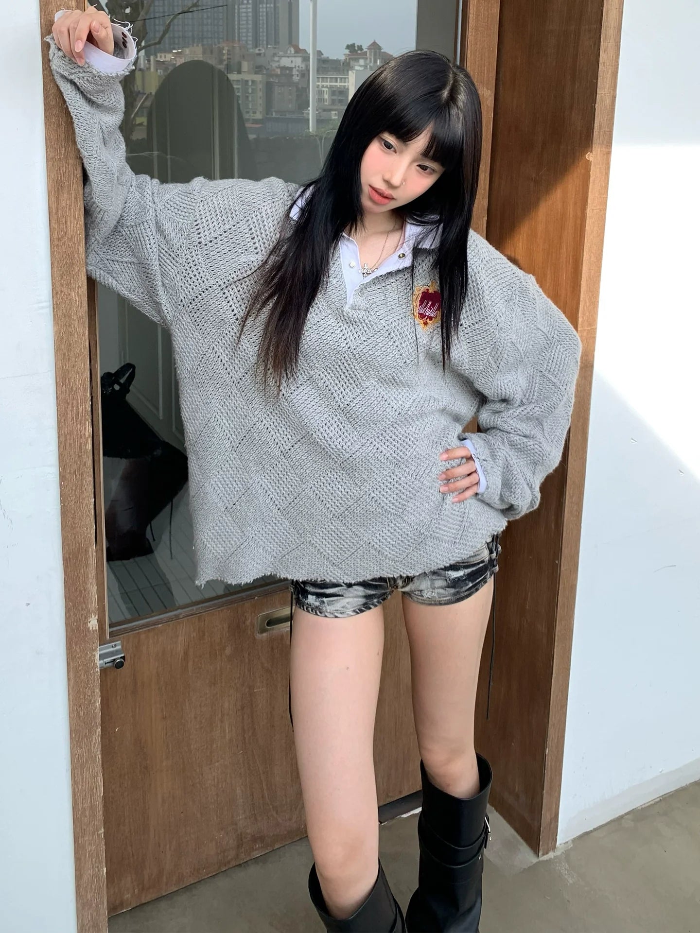 Subculture Argyle Polo Sweater Hollow Knit Layered Design Top