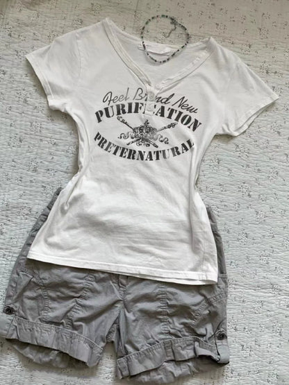 White Subculture Punk Y2K E-girl Retro Letter Print V-neck Slim Short Sleeve Top