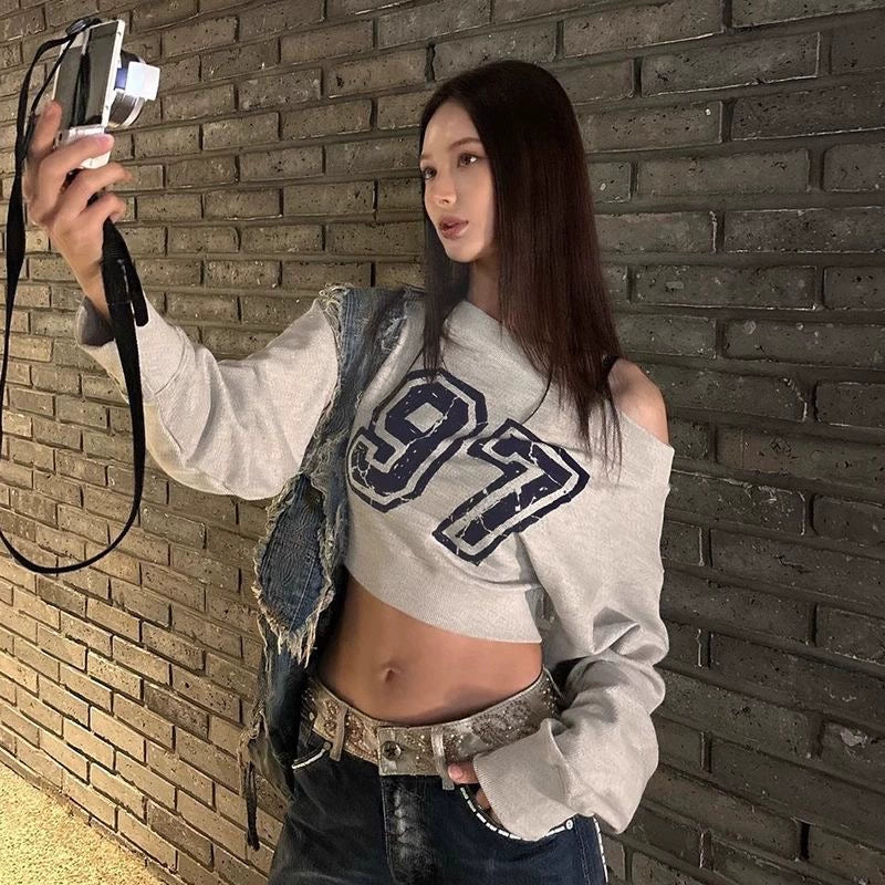 Gray [Blue Letter] Print Off-Shoulder Hoodie Subculture Y2K E-girl Light Subculture American Retro Abi Long-Sleeve Top