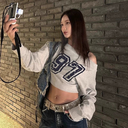 Gray [Blue Letter] Print Off-Shoulder Hoodie Subculture Y2K E-girl Light Subculture American Retro Abi Long-Sleeve Top