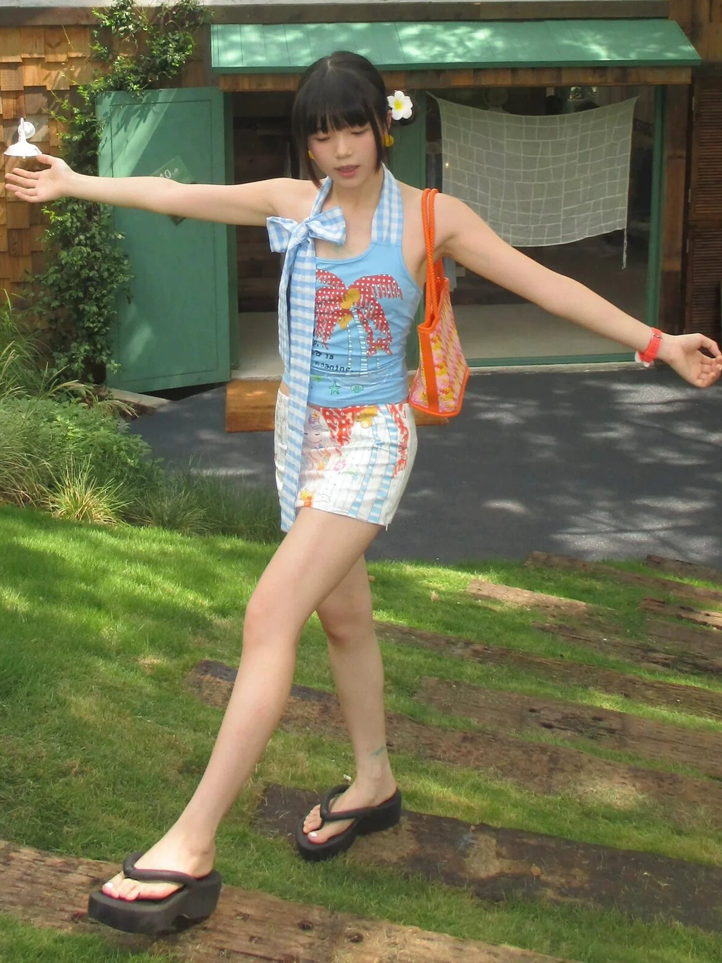 Blue Tropical Print Halter Neck Y2K Crop Top