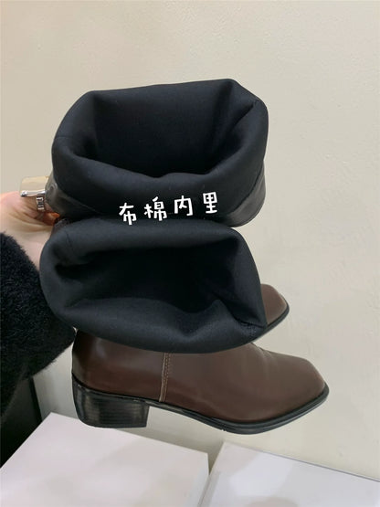 Korean Distressed Slouchy Wide Calf V-Cut Over The Knee Slimming Spicy Girl Chunky Heel Slim Boots