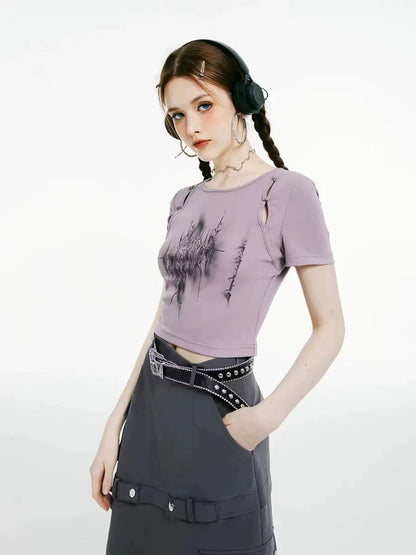 Black Subculture Punk Y2K E-girl Cutout Print Niche Slim-Fit Cropped Top