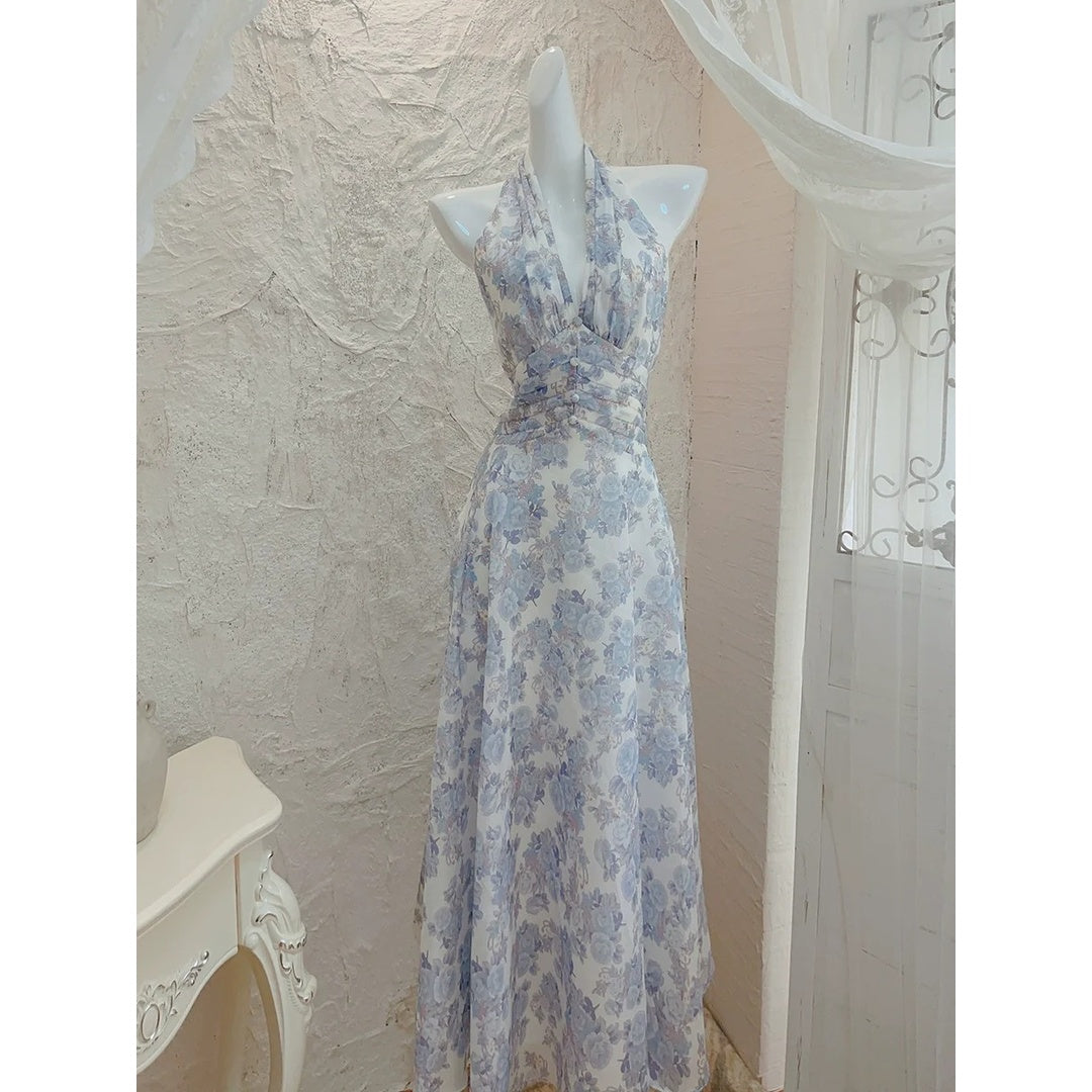 Halter Floral Print Ruffle Waist Gown Dress