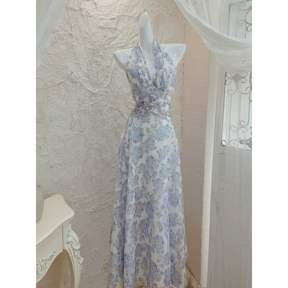 Halter Floral Print Ruffle Waist Gown Dress