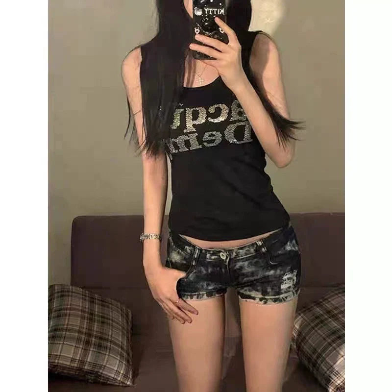 Black Subculture Punk Y2K E-girl Heavy-Duty Rhinestone Letter Crop Tank Top