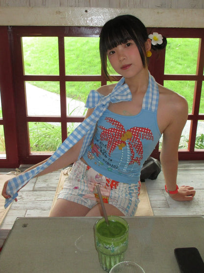 Blue Tropical Print Halter Neck Y2K Crop Top