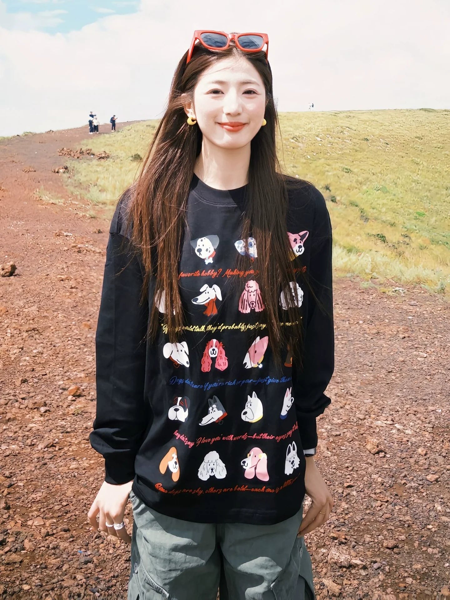 Korean Black Long Sleeve Tee Cute Puppy Print Relaxed Top