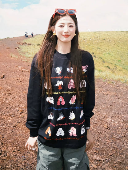 Korean Black Long Sleeve Tee Cute Puppy Print Relaxed Top
