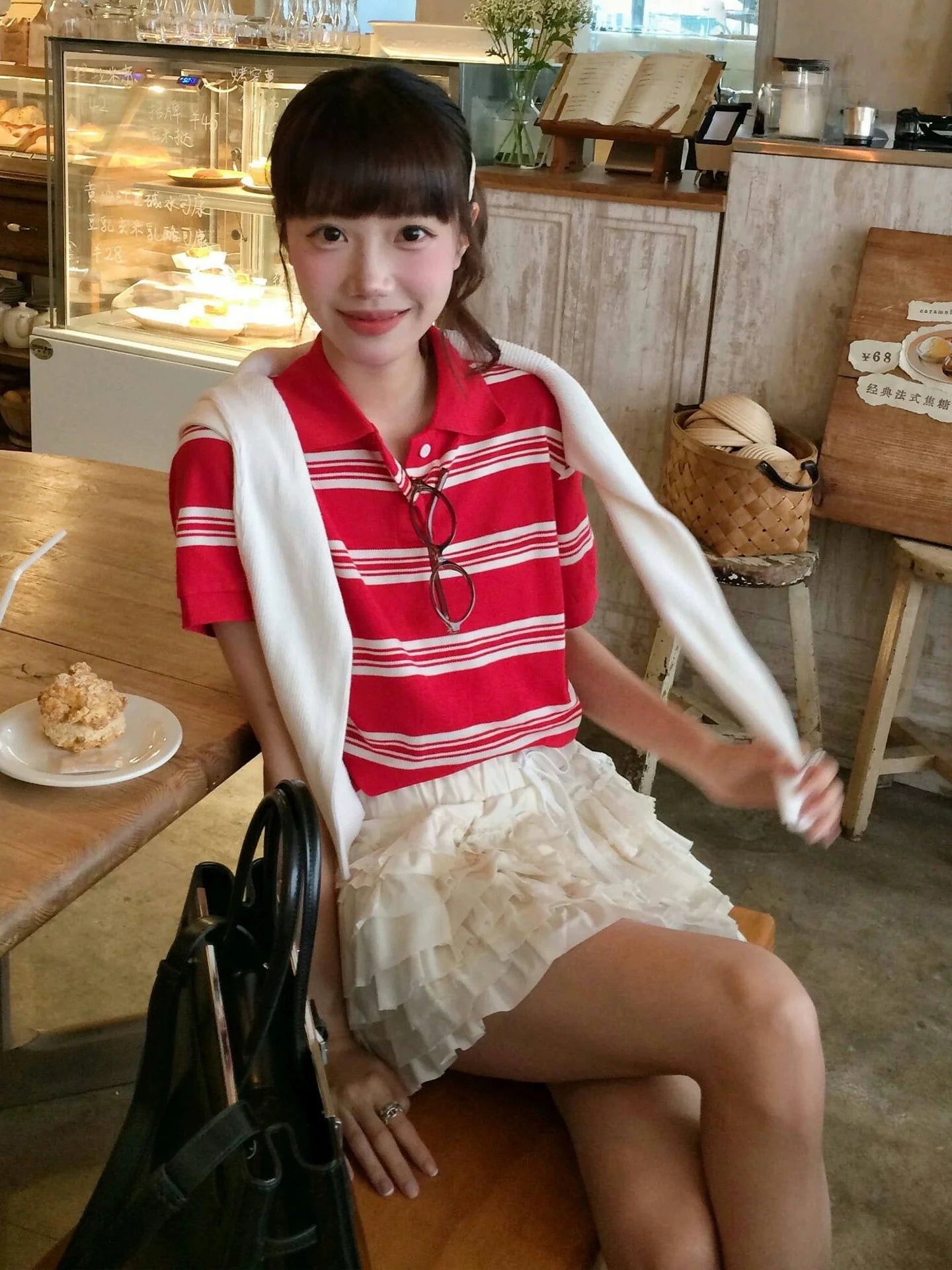 Preppy Red Striped Polo Shirt  Cropped Fitted Short Sleeve Top Y2K College Aesthetic