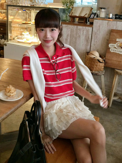 Preppy Red Striped Polo Shirt  Cropped Fitted Short Sleeve Top Y2K College Aesthetic