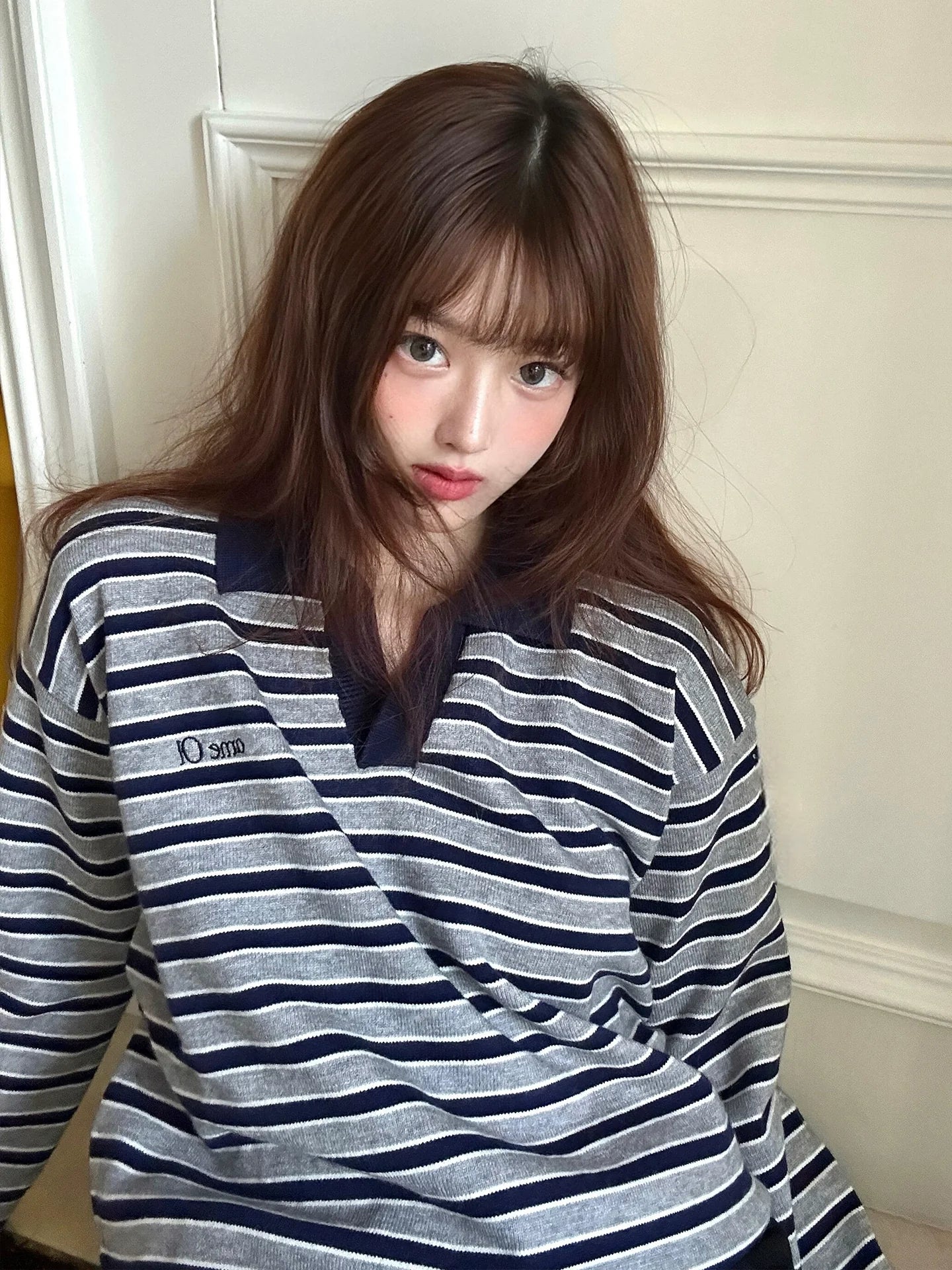 Lazy Striped V-Neck Sweater Autumn-Winter Embroidered Knit Couple Top