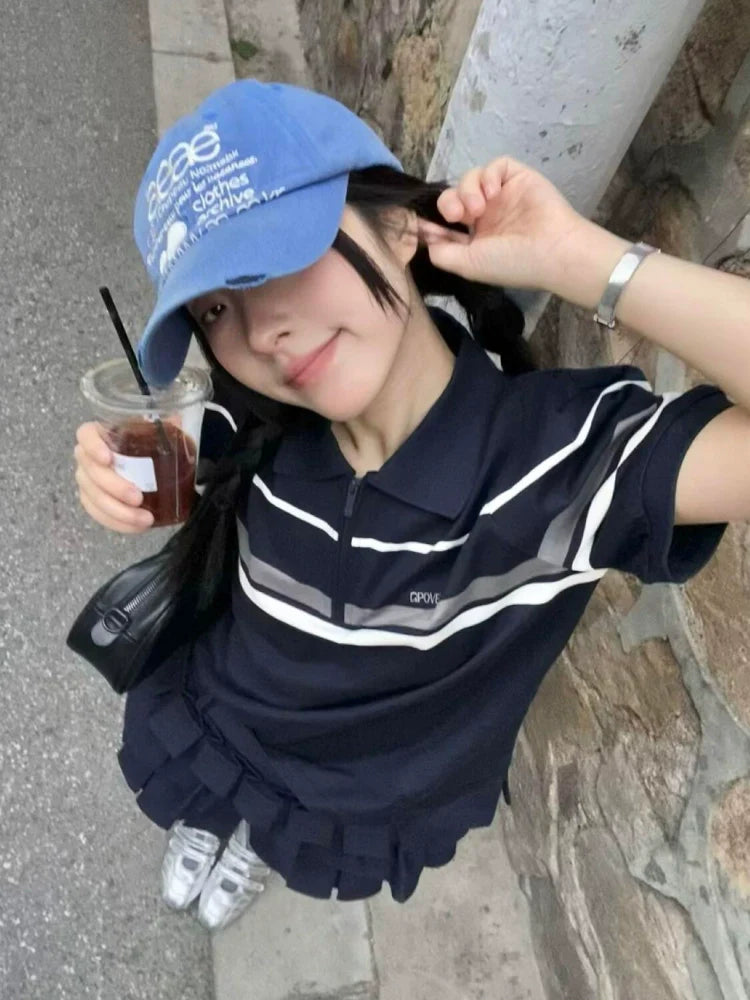 Striped Polo Tee with Puff Sleeves Loose Half-Zip Crop Top