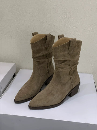 Pointed Toe Fashion Short Boots Women Fall Winter New Slouchy Chunky Heel Elevated Mid Calf Suede Western Boots