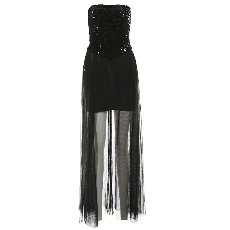 Luxurious Sequin Tube Top Mesh-Paneled Midi Dress