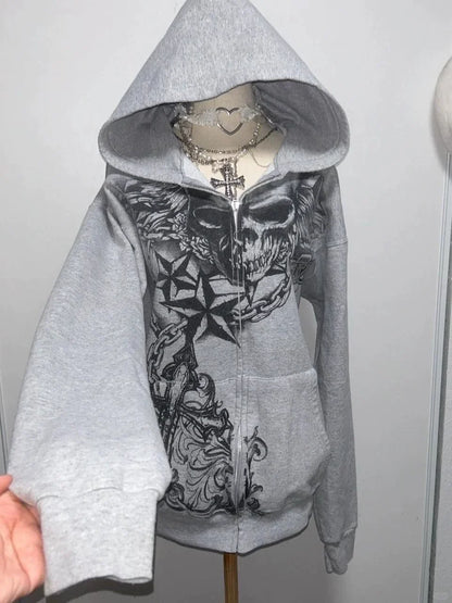 Gray Subculture Gothic Rock Punk Y2K E-girl Vintage Skull-Print Hooded Jacket