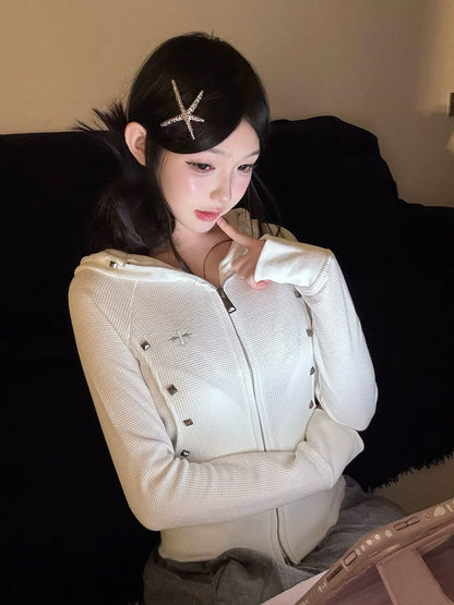 American Cross Embroidered Hoodie Jacket 2025 Early Autumn Zip-Up Fitted Outerwear