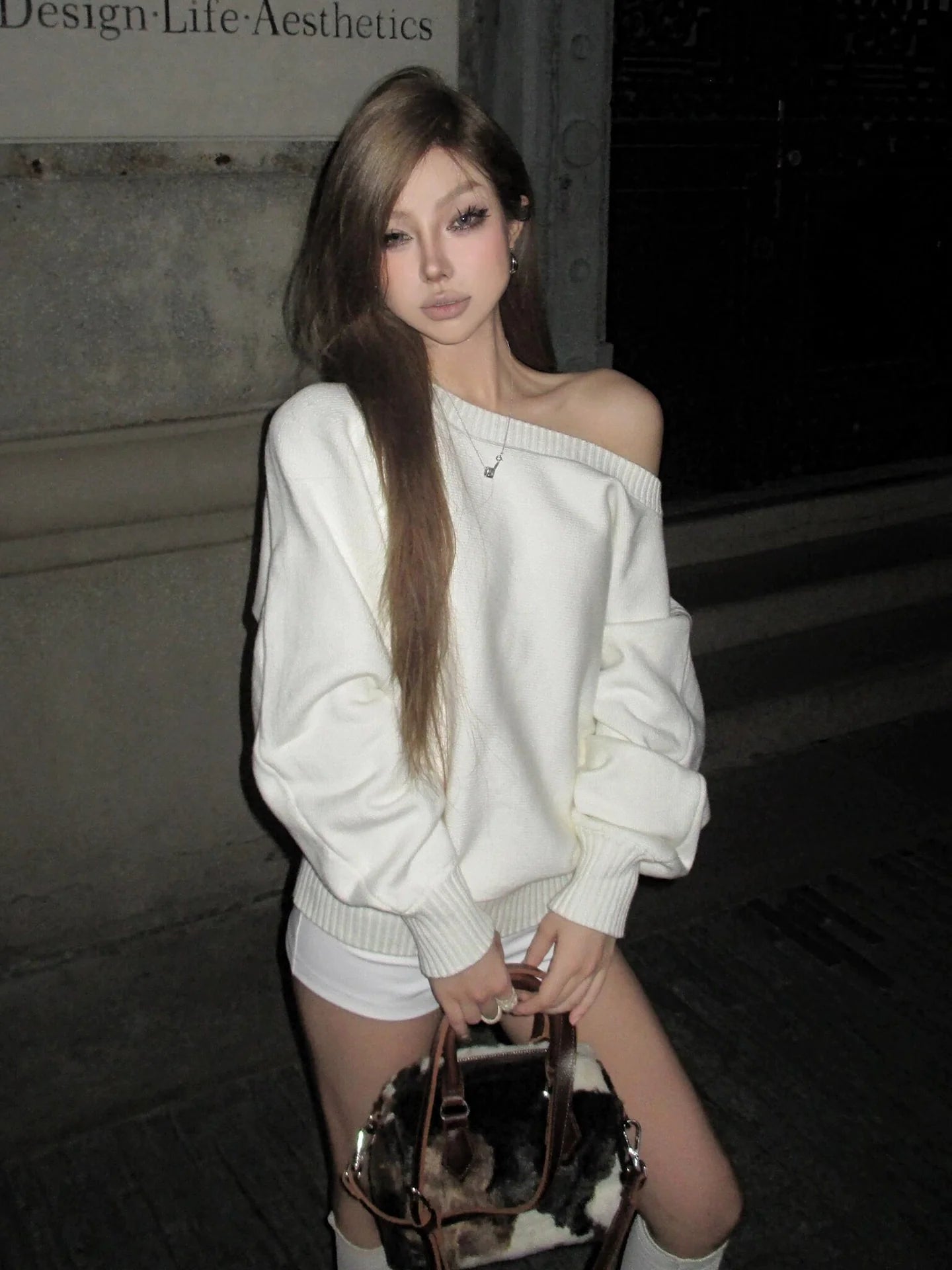 Off-Shoulder Relaxed Knit Sweater Soft Drape Elegant Lazy Fit