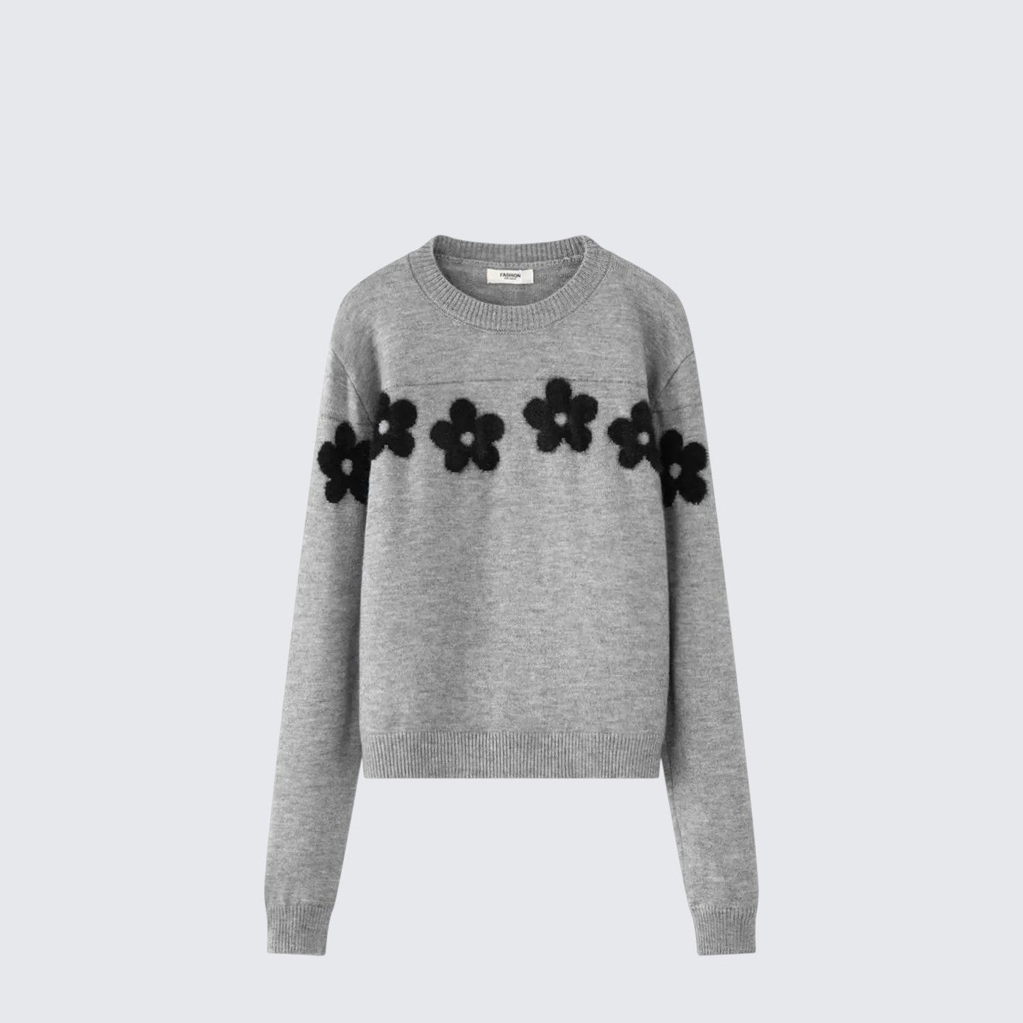 Grey Floral Embroidered Knit Sweater Women