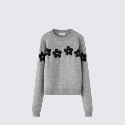 Grey Floral Embroidered Knit Sweater Women