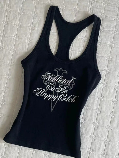 Black American Vintage Letter Print Slim Y2K Tank Top