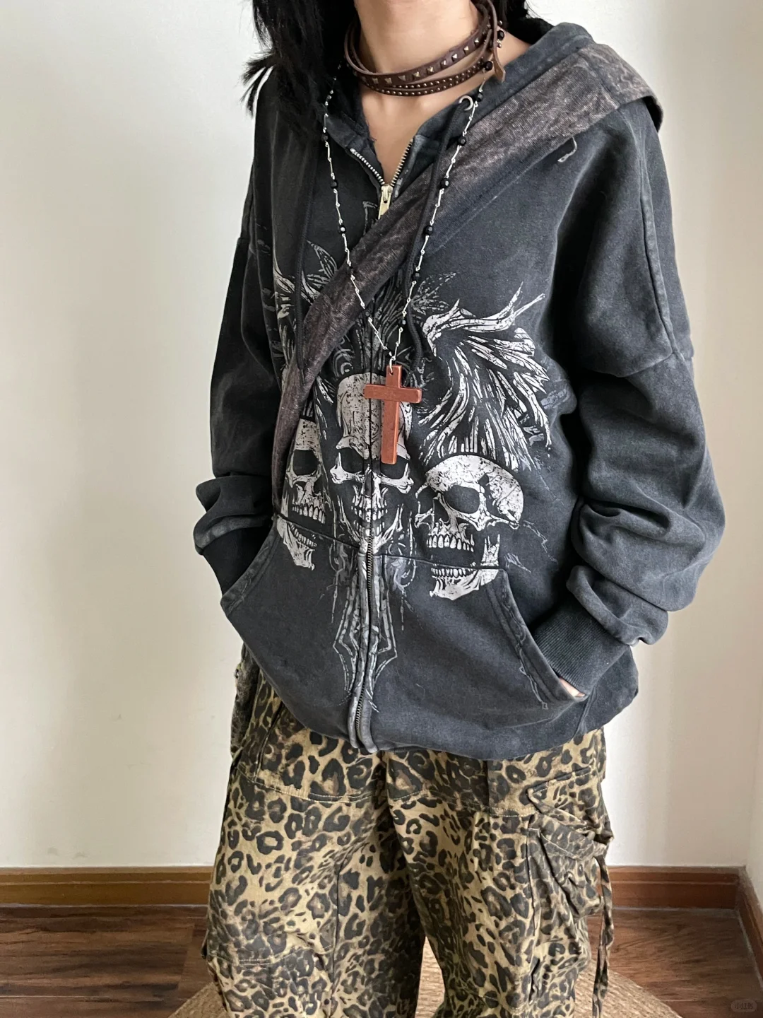 Black Subculture Punk Rock Gothic Y2K E-girl Skull-Print Hooded Niche Jacket