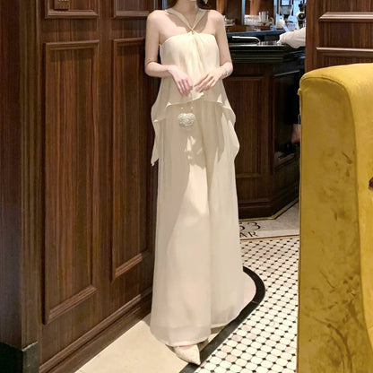 Old Money Shimmer Asymmetrical Spaghetti Strap Pants Set