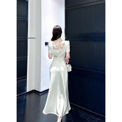 French White Short Sleeve Satin Engagement Gown Dress