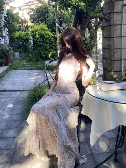 Beach Vacation Intricate Print Backless Mermaid Slip Dress