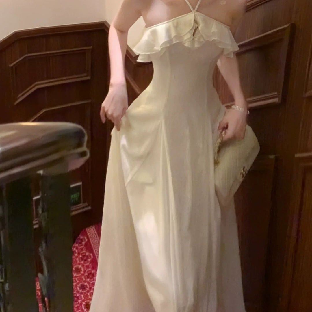 French White Halter Neck Pleated Gown Dress – Ruffled Waist Evening Dress