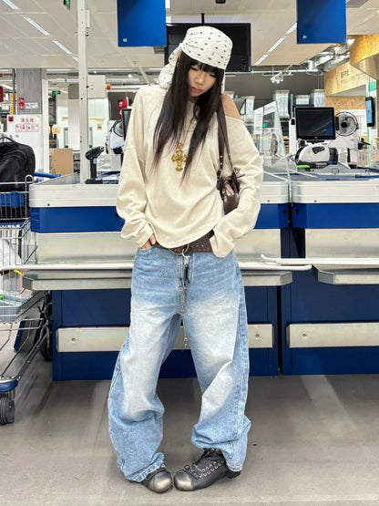 Korean White Asymmetric Long Sleeve Tee Autumn Vintage Slim Fit Off-Shoulder Top