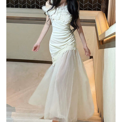 French Lace Tulle One Shoulder Mermaid Gown Dress